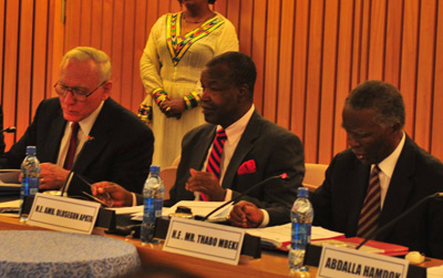 GFI President Raymond Baker, Amb. Olusegun Apata, and former South African President  Thabo Mbeki at the launch of the High Level Panel report. | Image: UNECA 