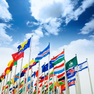 Many countries flag flying with sky